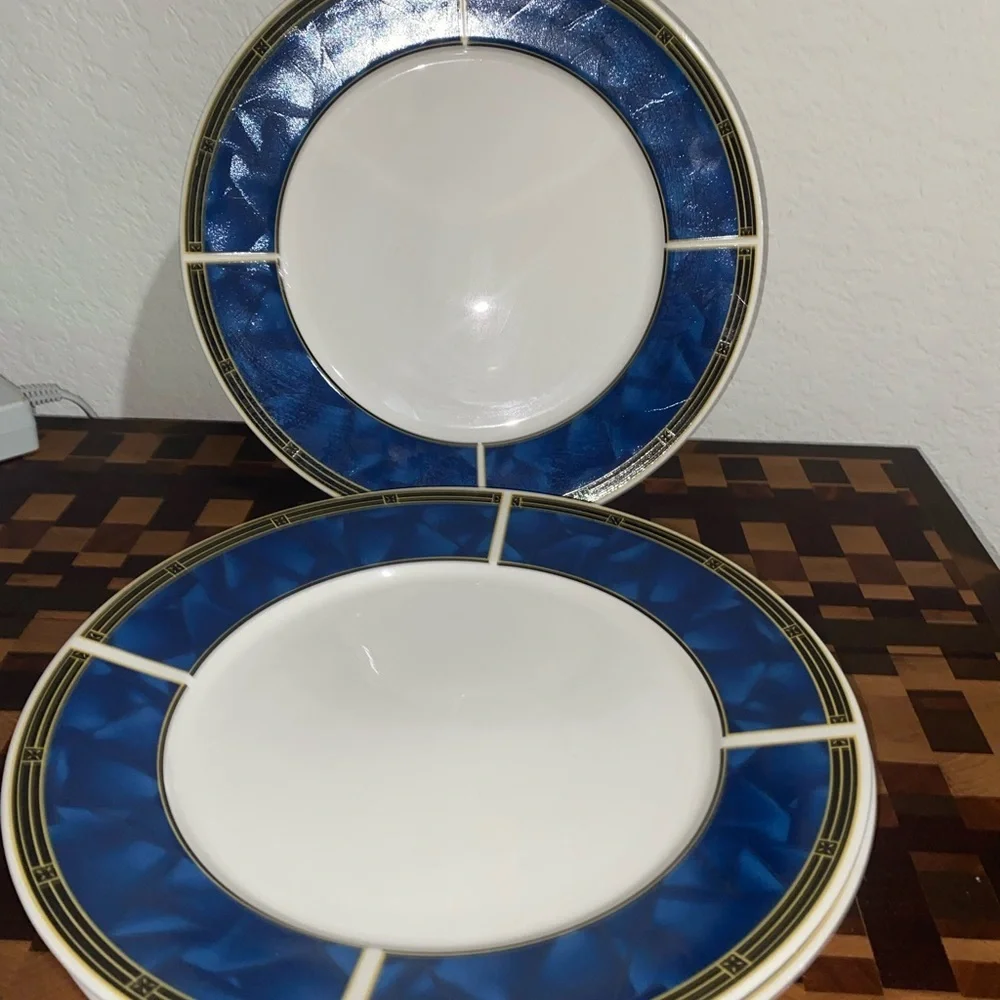 4 VTG Sapphire Sango 8822 MCM Stoneware Blue White Yellow 10.5”Dinner Plate Set